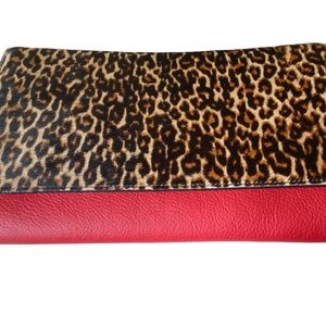 MARK & GRAHAM LEOPARD AND RED LEATHER CLUTCH…BRAND NEW WITH BOX